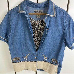 Vintage TanTrum Blues Embroidered Ladies Button Front Safari Top - Petite Medium